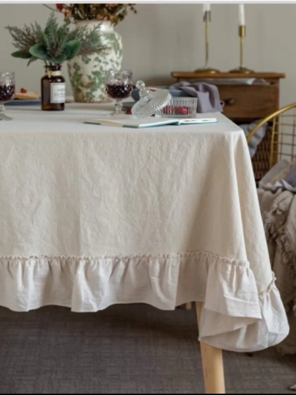 Neutral Ruffle-Edge Tablecloth for Home Dining RECTANGLULAR 52x70” BEIGE